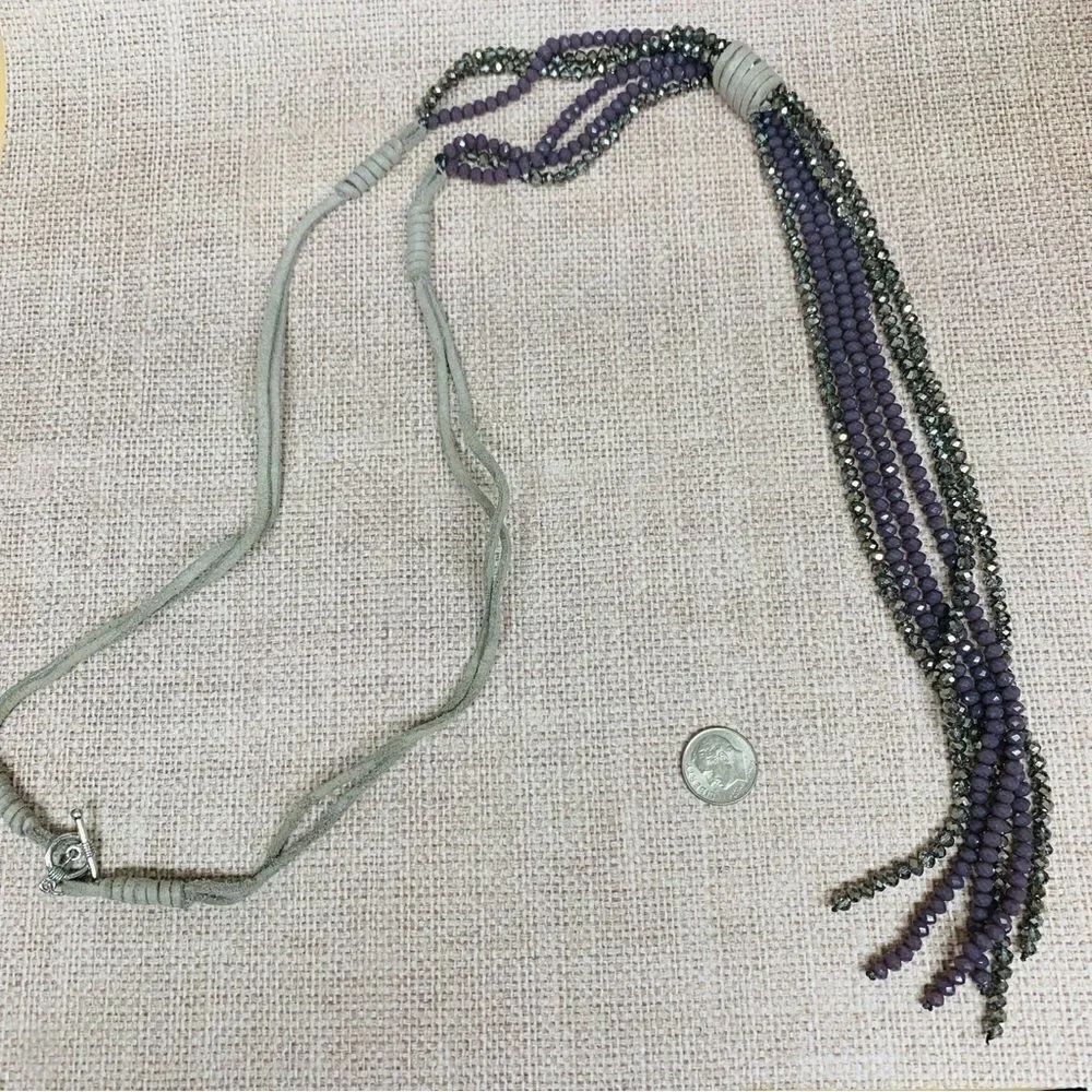 Gray Vegan Leather Purple Crystals Tassel Necklace